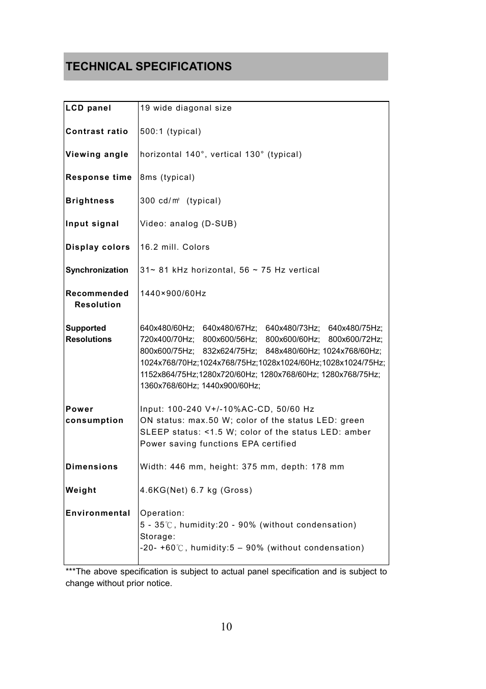 10 technical specifications | Envision Peripherals LCD User Manual | Page 11 / 11