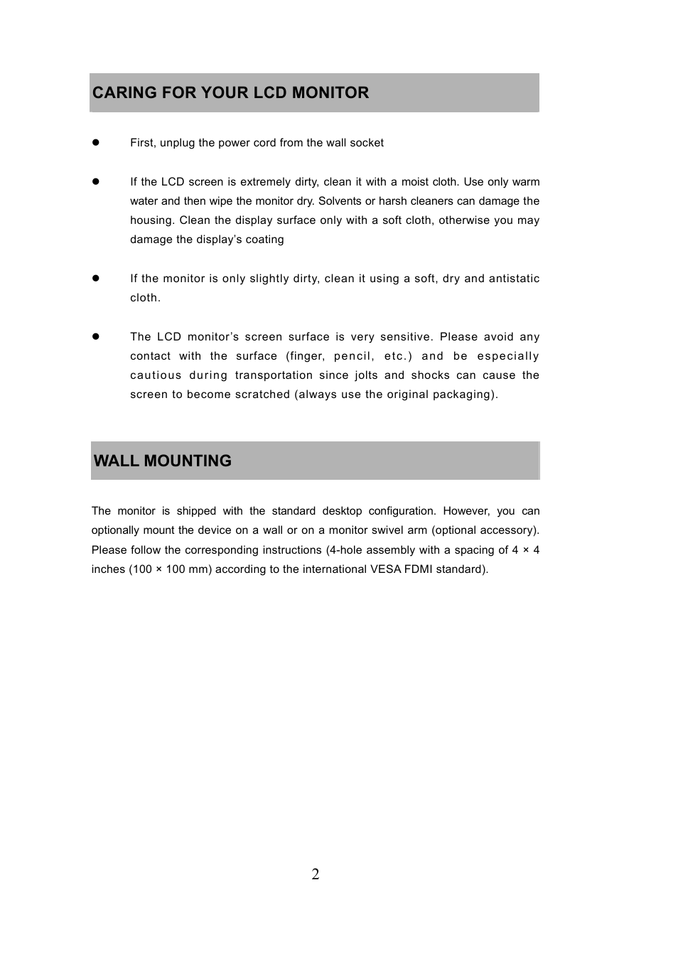 2 caring for your lcd monitor, Wall mounting | Envision Peripherals LCD User Manual | Page 3 / 11