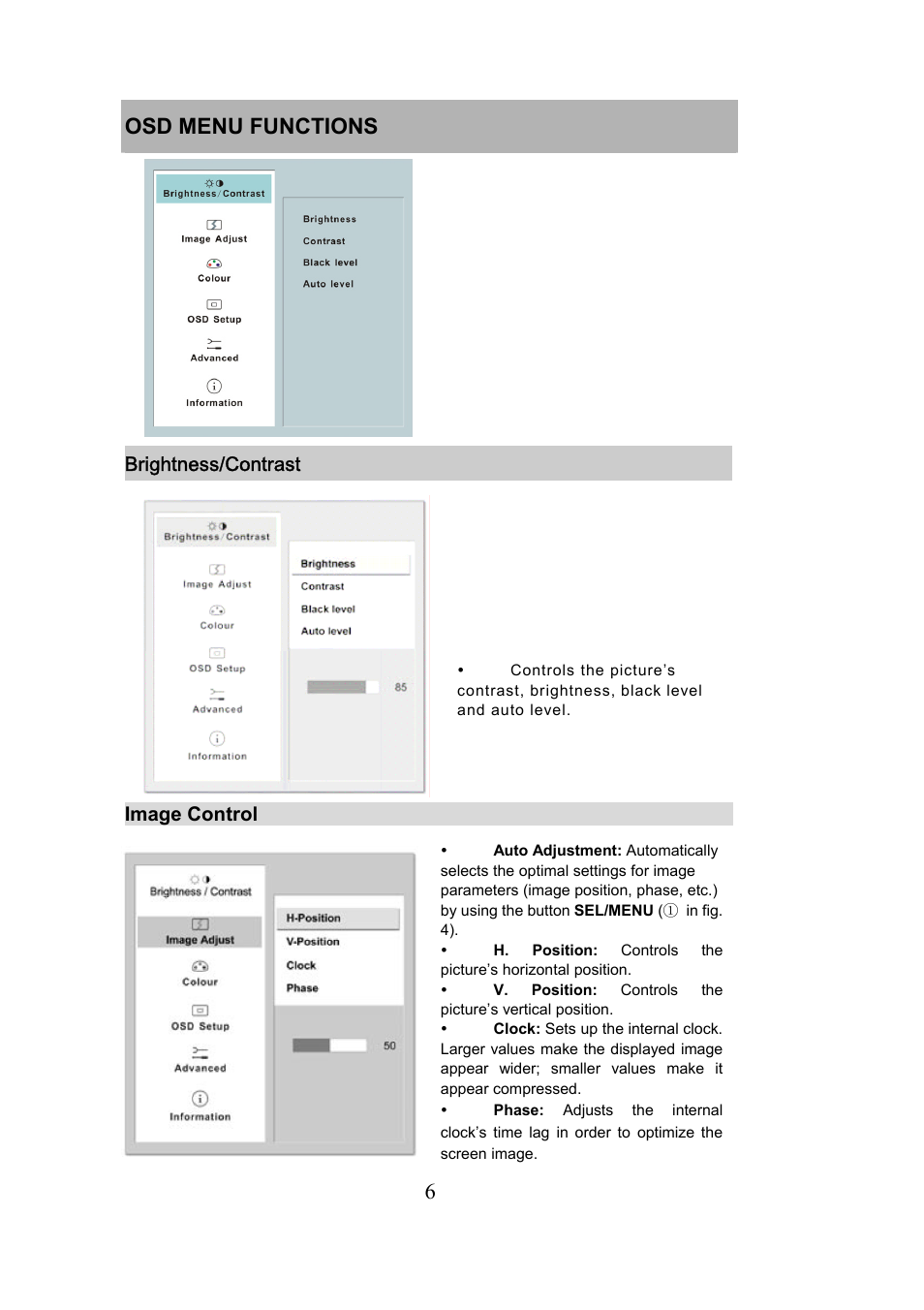 6 osd menu functions, Brightness/contrast, Image control | Envision Peripherals LCD User Manual | Page 7 / 11