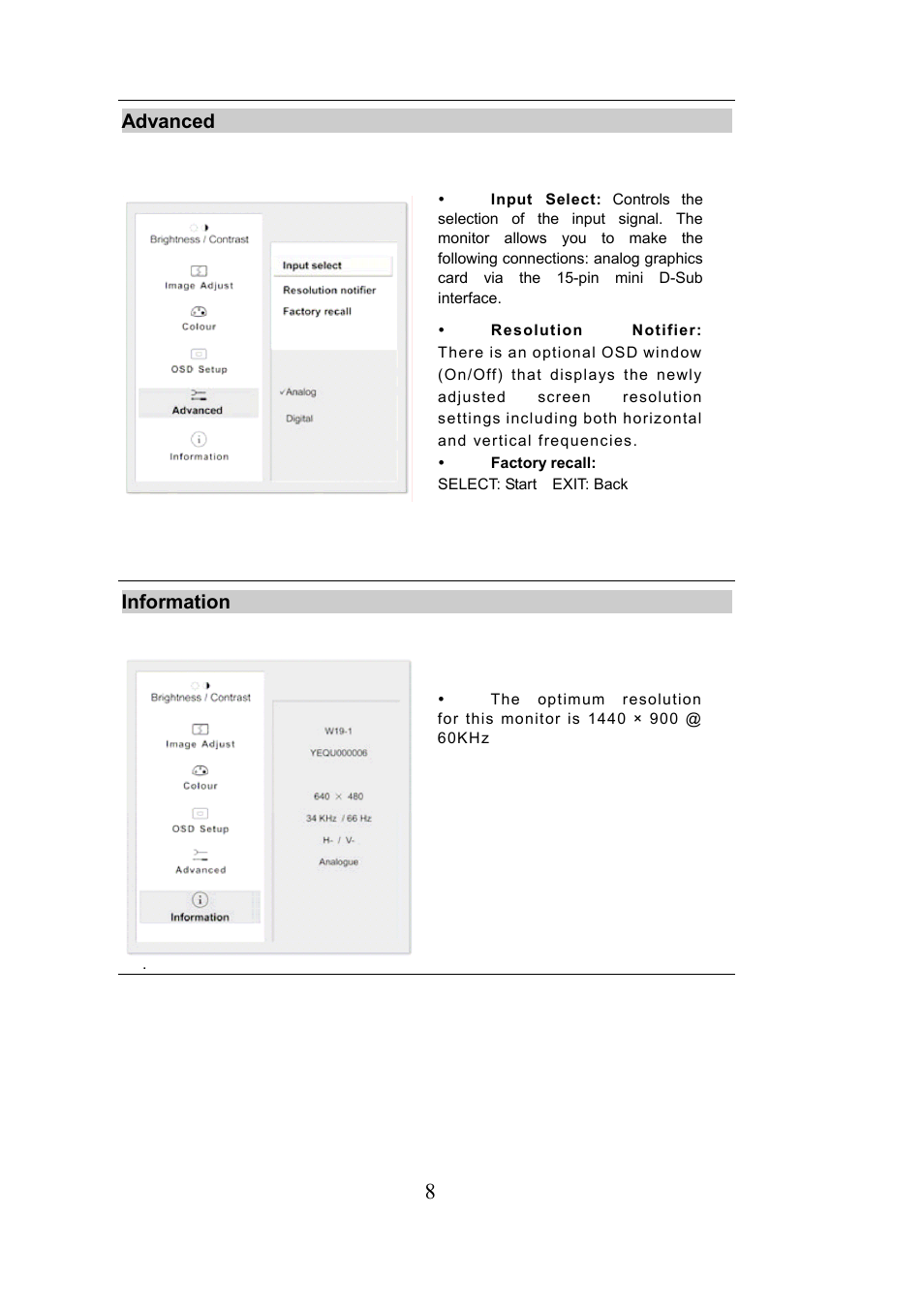 Advanced, Information | Envision Peripherals LCD User Manual | Page 9 / 11