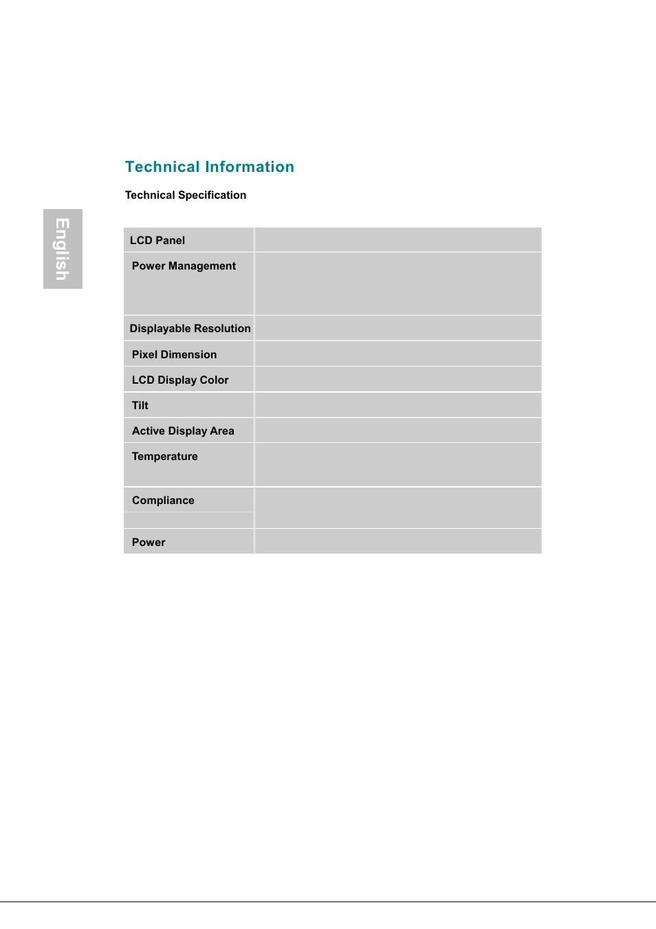 Technical information, Power management, Active display area | Compliance, Supporting timing modes, English | Envision Peripherals Envision H1781 User Manual | Page 12 / 14