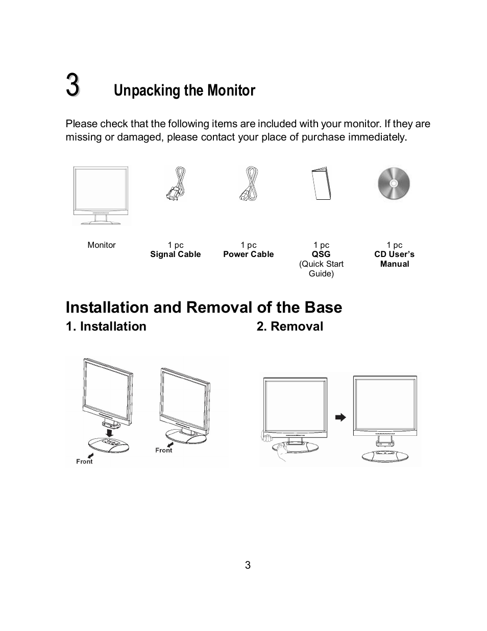 Unpacking the monitor, Installation and removal of the base | Envision Peripherals EN7410e User Manual | Page 11 / 25