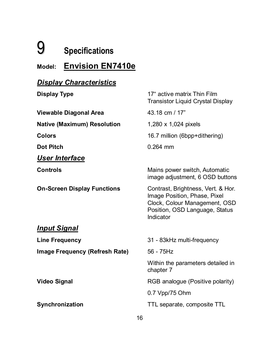 Specifications, Envision en7410e | Envision Peripherals EN7410e User Manual | Page 24 / 25