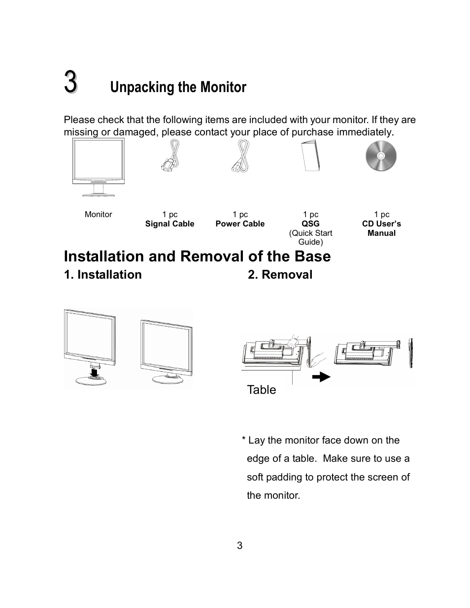 Unpacking the monitor, Installation and removal of the base | Envision Peripherals EN9410 User Manual | Page 11 / 25