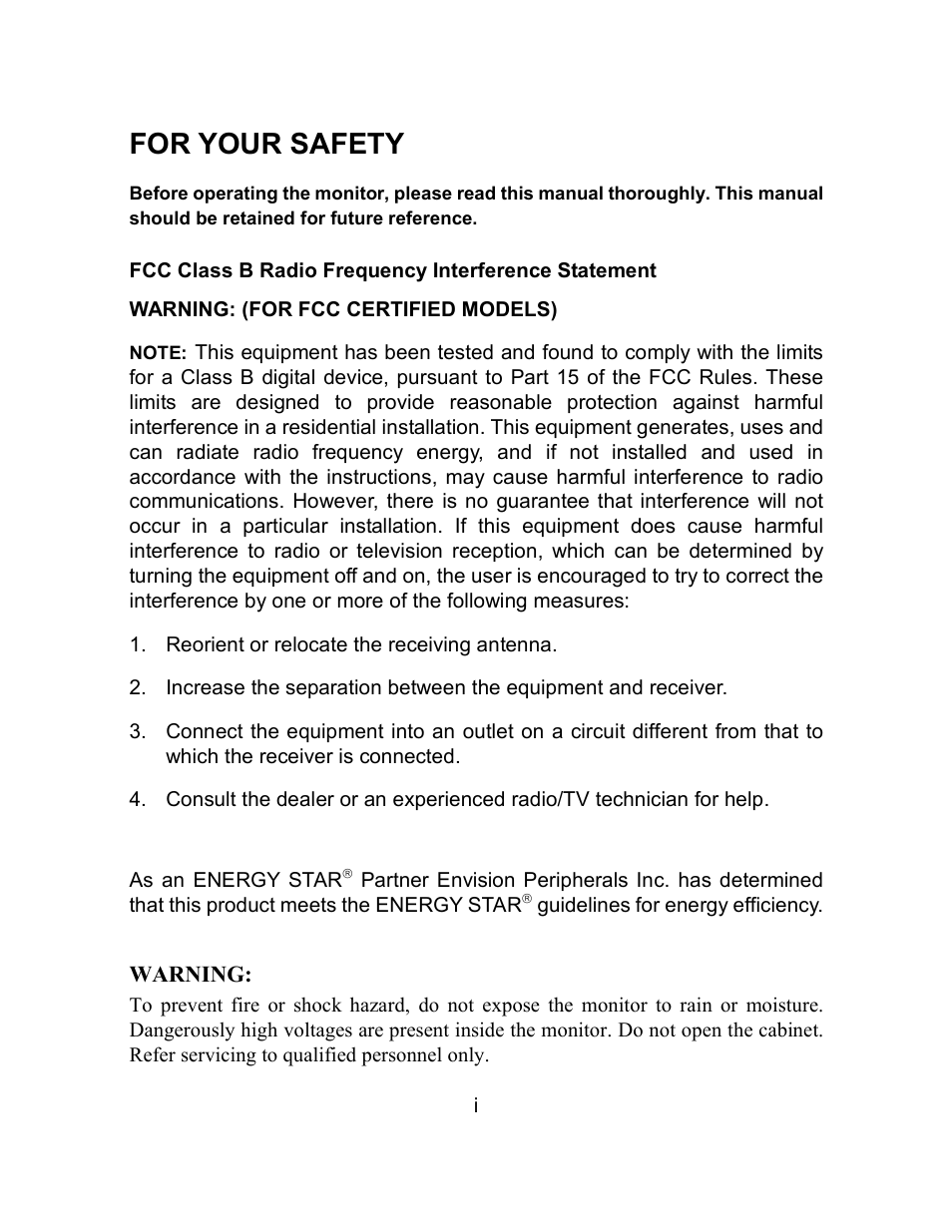 For your safety | Envision Peripherals EN9410 User Manual | Page 2 / 25