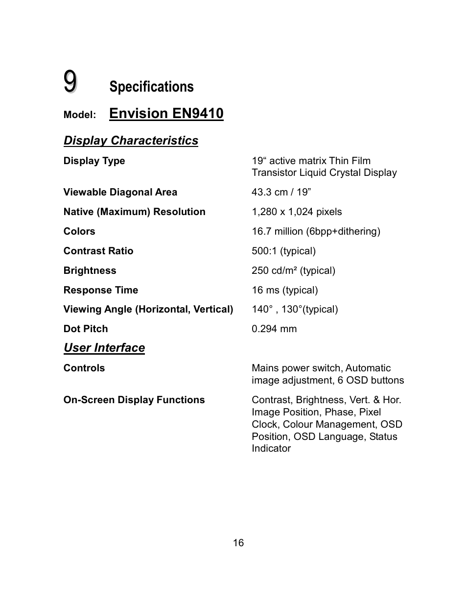 Specifications, Envision en9410 | Envision Peripherals EN9410 User Manual | Page 24 / 25