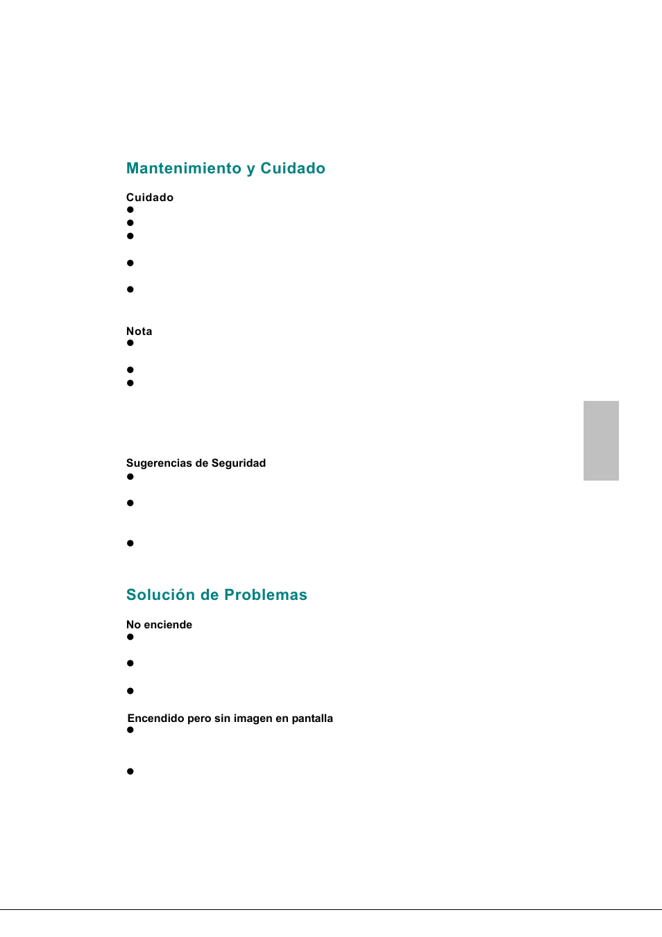 Mantenimiento y cuidado, Cuidado, Nota | Solución de problemas, Español | Envision Peripherals Envision H170L User Manual | Page 36 / 37