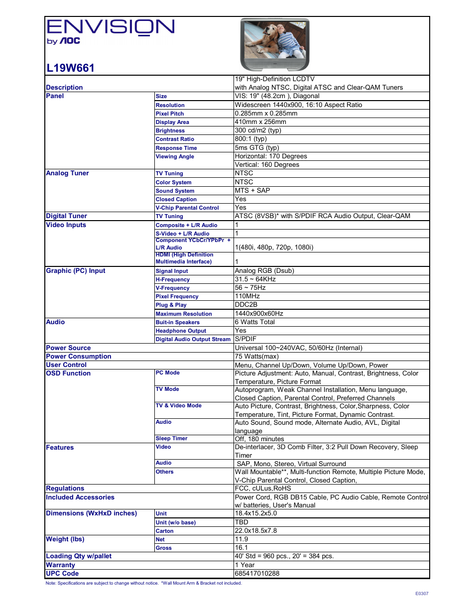 Envision Peripherals L19W661 User Manual | 1 page