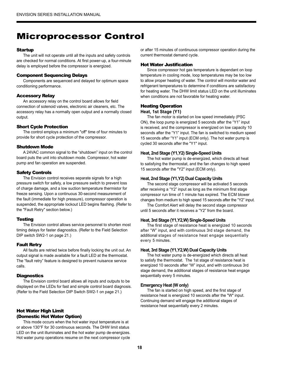 Microprocessor control | Envision Peripherals Geothermal Indoor Split Heat Pumps User Manual | Page 18 / 36