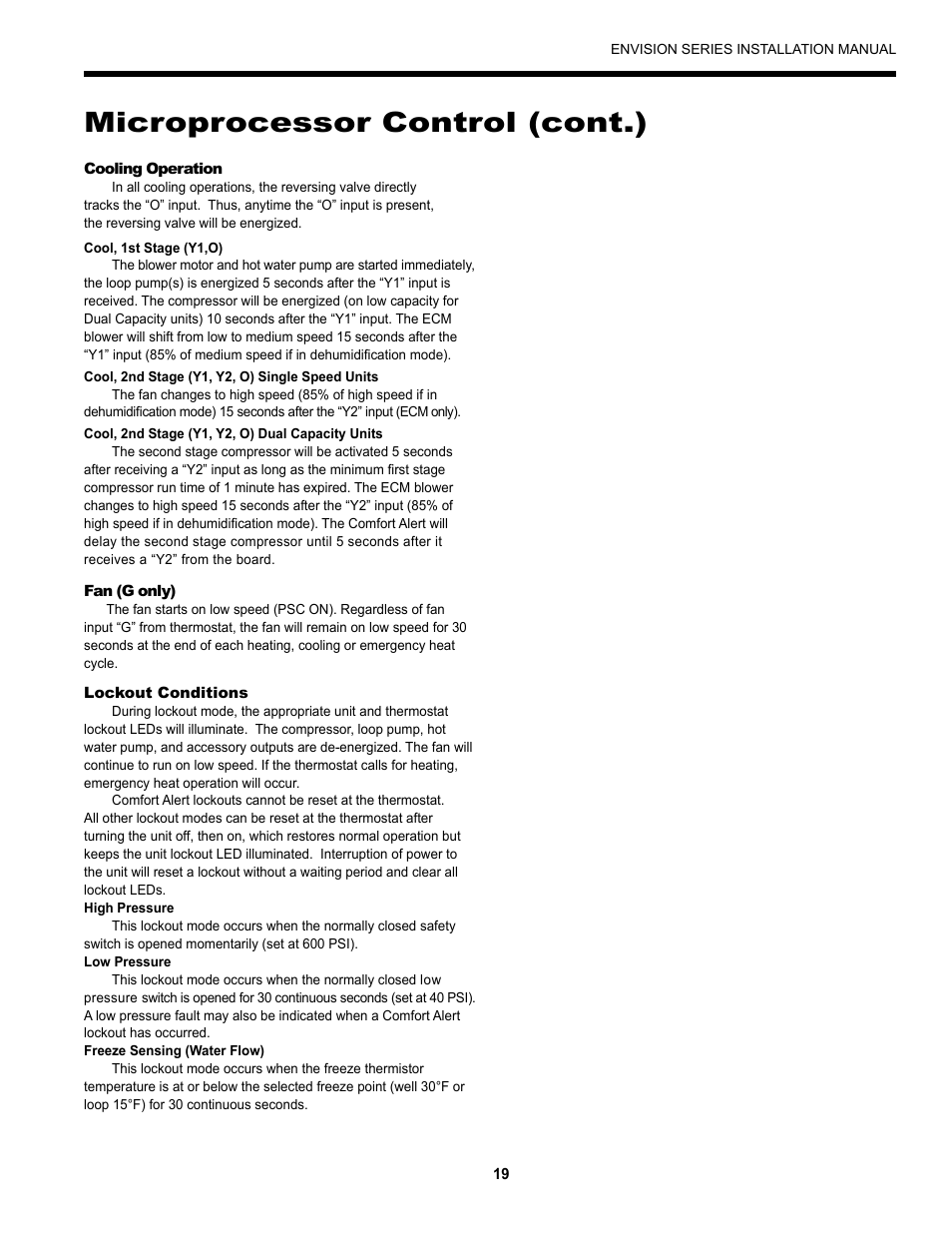 Microprocessor control (cont.) | Envision Peripherals Geothermal Indoor Split Heat Pumps User Manual | Page 19 / 36