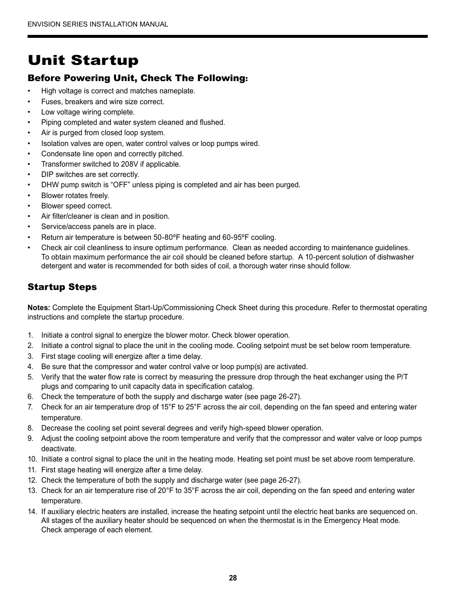 Unit startup | Envision Peripherals Geothermal Indoor Split Heat Pumps User Manual | Page 28 / 36