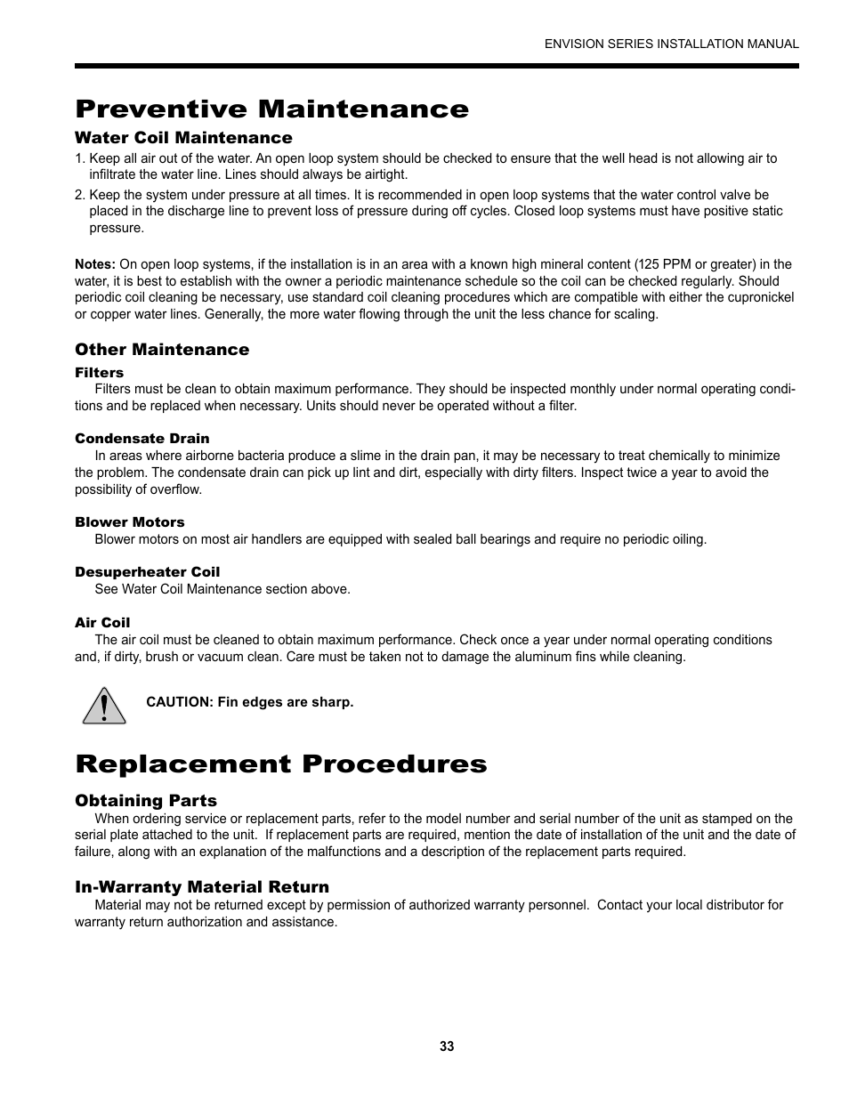 Preventive maintenance, Replacement procedures | Envision Peripherals Geothermal Indoor Split Heat Pumps User Manual | Page 33 / 36