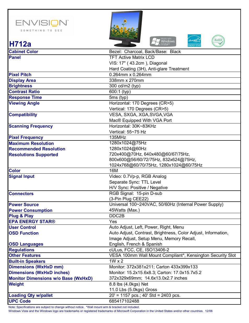 Envision Peripherals H712a User Manual | 1 page