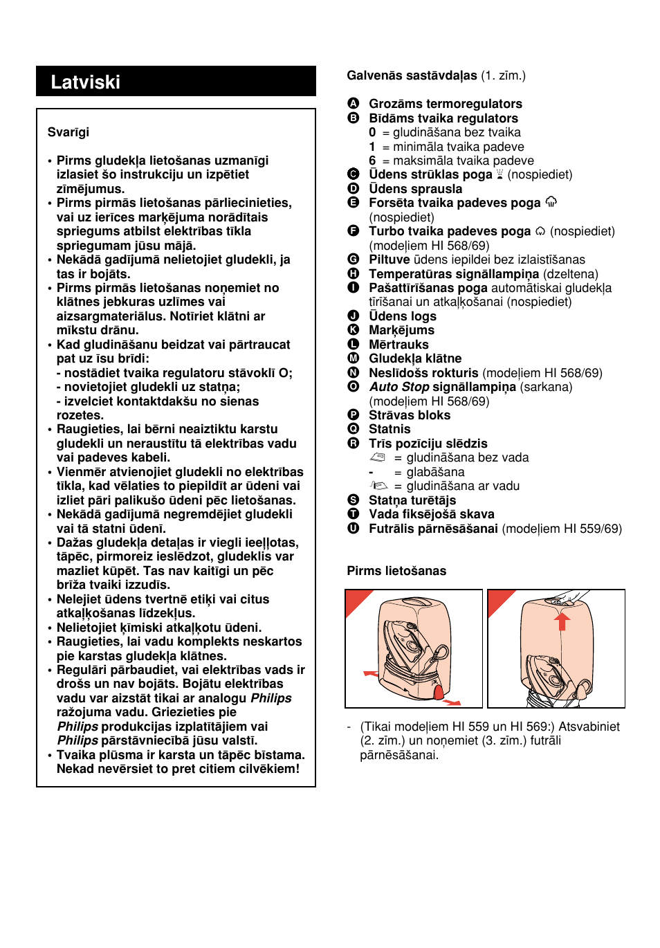 Latviski, Lappuse, Kad lasiet lietoßanas pamåcîbu, ielükojieties | Lappusé | Philips HI558 User Manual | Page 49 / 100