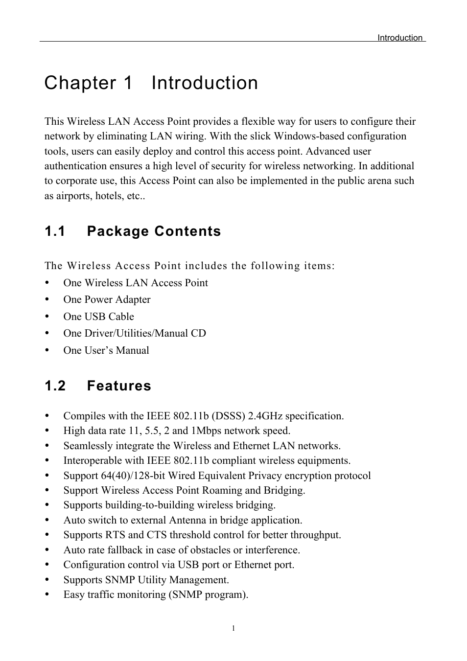 Chapter 1 introduction, 1 package contents, 2 features | Edimax Technology EW-7205AP User Manual | Page 3 / 36