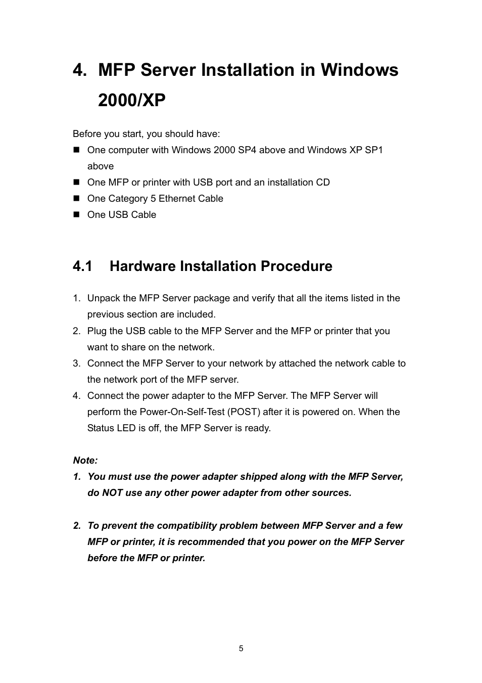 Mfp server installation in windows 2000/xp, 1 hardware installation procedure | Edimax Technology EDIMAX FAST ETHERNET MFP SERVER VERSION: 2.0 User Manual | Page 11 / 118