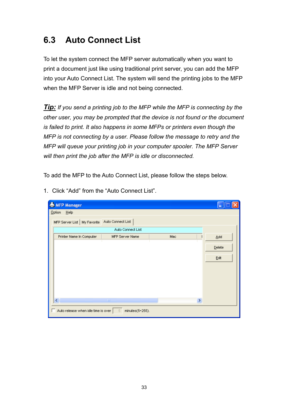 3 auto connect list | Edimax Technology EDIMAX FAST ETHERNET MFP SERVER VERSION: 2.0 User Manual | Page 39 / 118