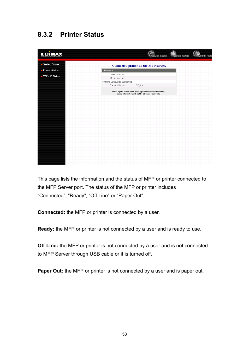 2 printer status | Edimax Technology EDIMAX FAST ETHERNET MFP SERVER VERSION: 2.0 User Manual | Page 59 / 118