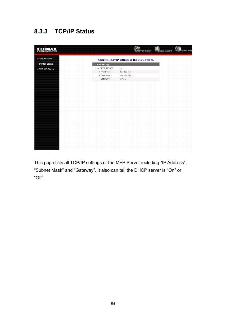 3 tcp/ip status | Edimax Technology EDIMAX FAST ETHERNET MFP SERVER VERSION: 2.0 User Manual | Page 60 / 118