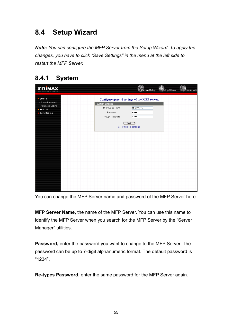 4 setup wizard | Edimax Technology EDIMAX FAST ETHERNET MFP SERVER VERSION: 2.0 User Manual | Page 61 / 118