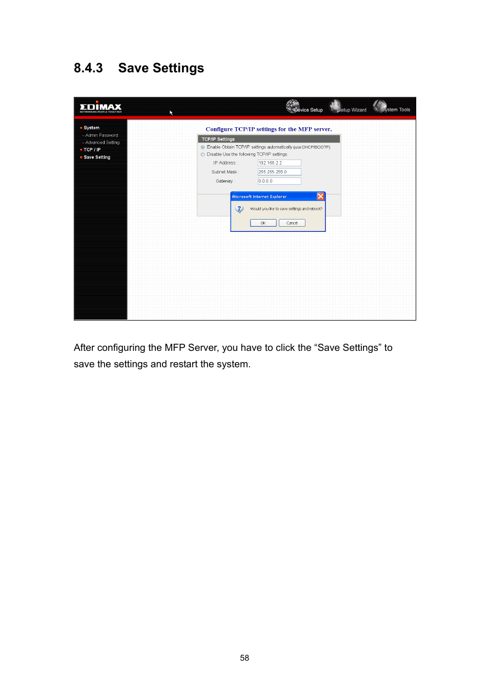 3 save settings | Edimax Technology EDIMAX FAST ETHERNET MFP SERVER VERSION: 2.0 User Manual | Page 64 / 118