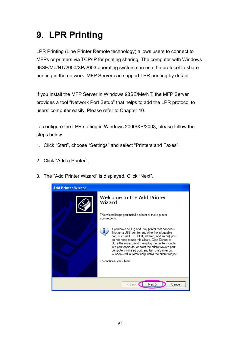 Lpr printing | Edimax Technology EDIMAX FAST ETHERNET MFP SERVER VERSION: 2.0 User Manual | Page 67 / 118