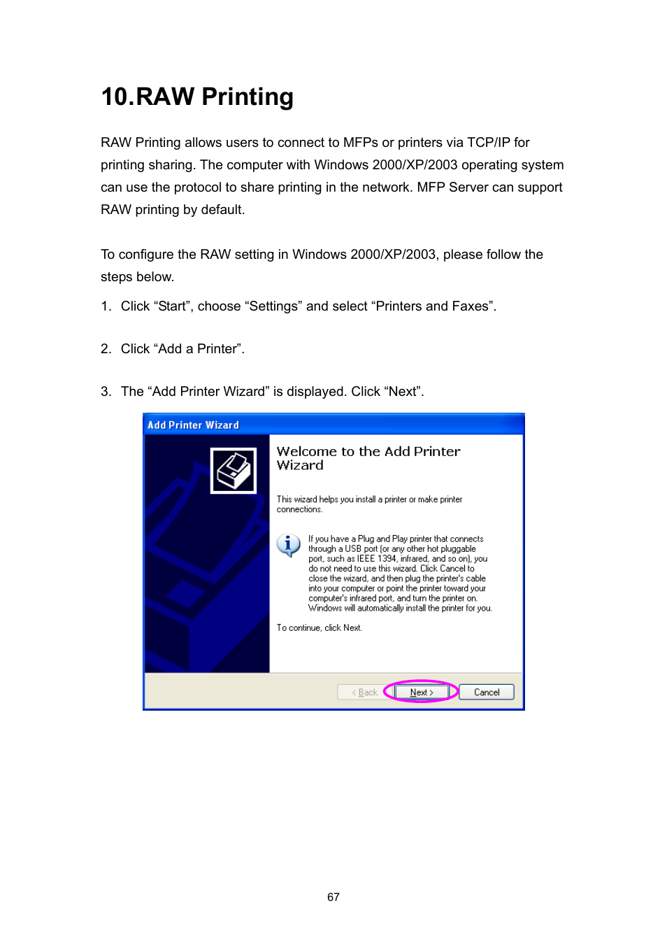 Raw printing | Edimax Technology EDIMAX FAST ETHERNET MFP SERVER VERSION: 2.0 User Manual | Page 73 / 118