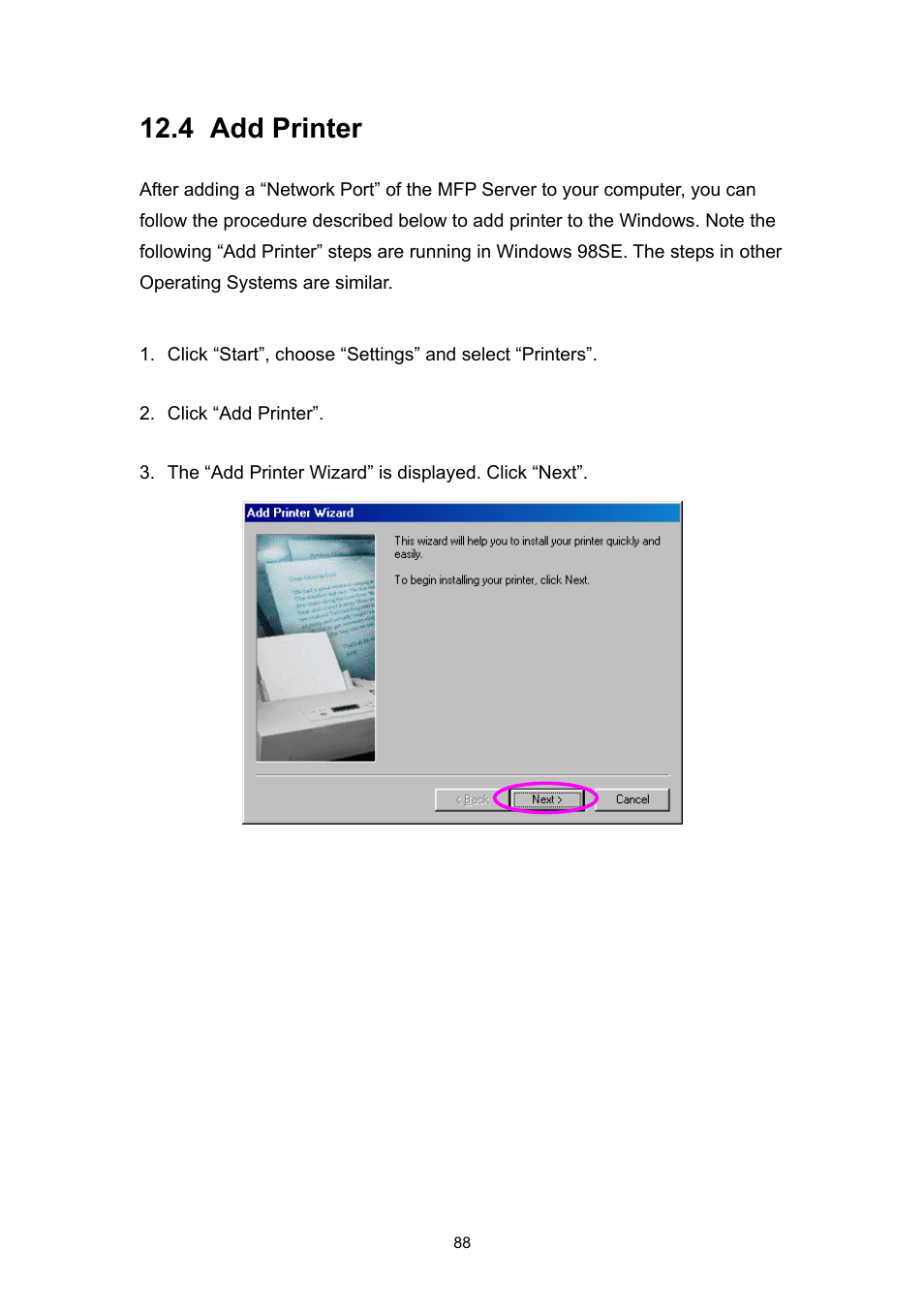 4 add printer | Edimax Technology EDIMAX FAST ETHERNET MFP SERVER VERSION: 2.0 User Manual | Page 94 / 118