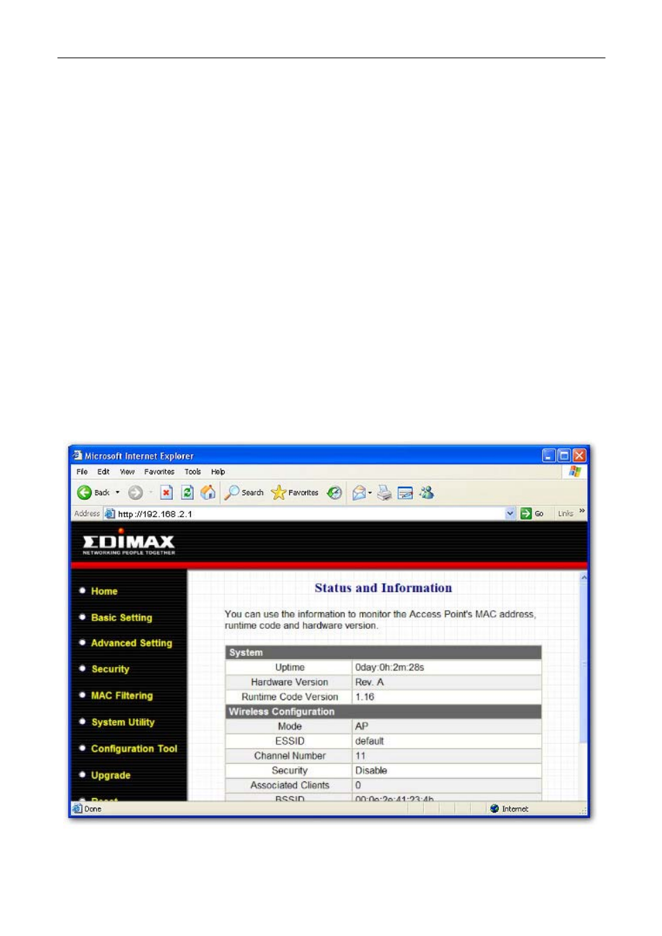 2 configuring the access point, 1 status and information, Configuring the access point | Status and information, 2 configuring the acce ss point | Edimax Technology EW-7206Apg User Manual | Page 13 / 46