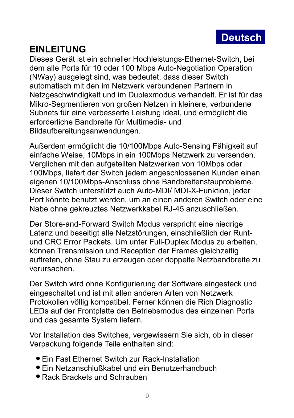 Deutsch, Einleitung | Edimax Technology Rackmount Fast Ethernet Switch User Manual | Page 10 / 41