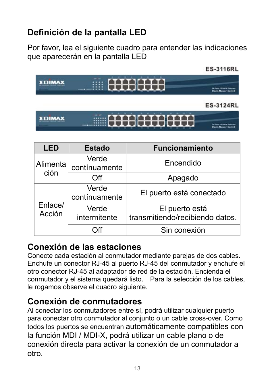 Definición de la pantalla led, Conexión de las estaciones, Conexión de conmutadores | Edimax Technology Rackmount Fast Ethernet Switch User Manual | Page 14 / 41