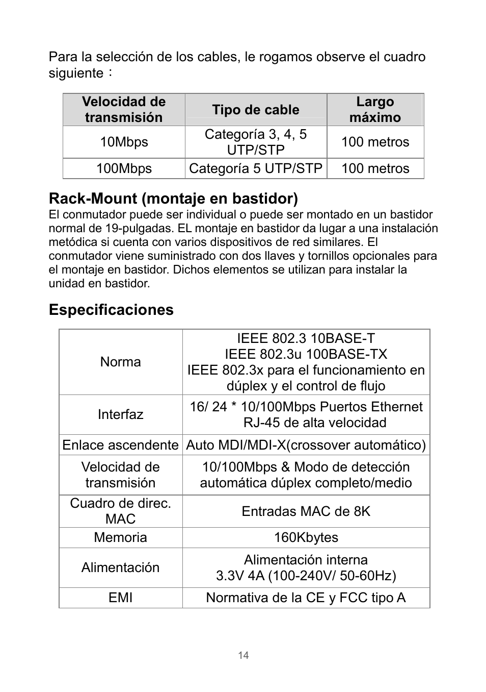 Rack-mount (montaje en bastidor), Especificaciones | Edimax Technology Rackmount Fast Ethernet Switch User Manual | Page 15 / 41