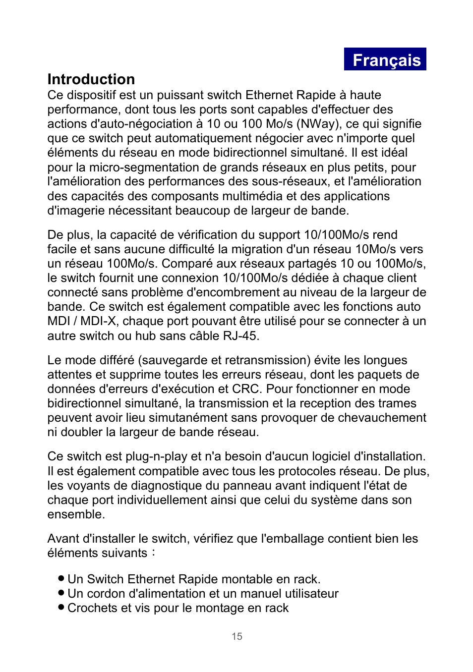 Français, Introduction | Edimax Technology Rackmount Fast Ethernet Switch User Manual | Page 16 / 41