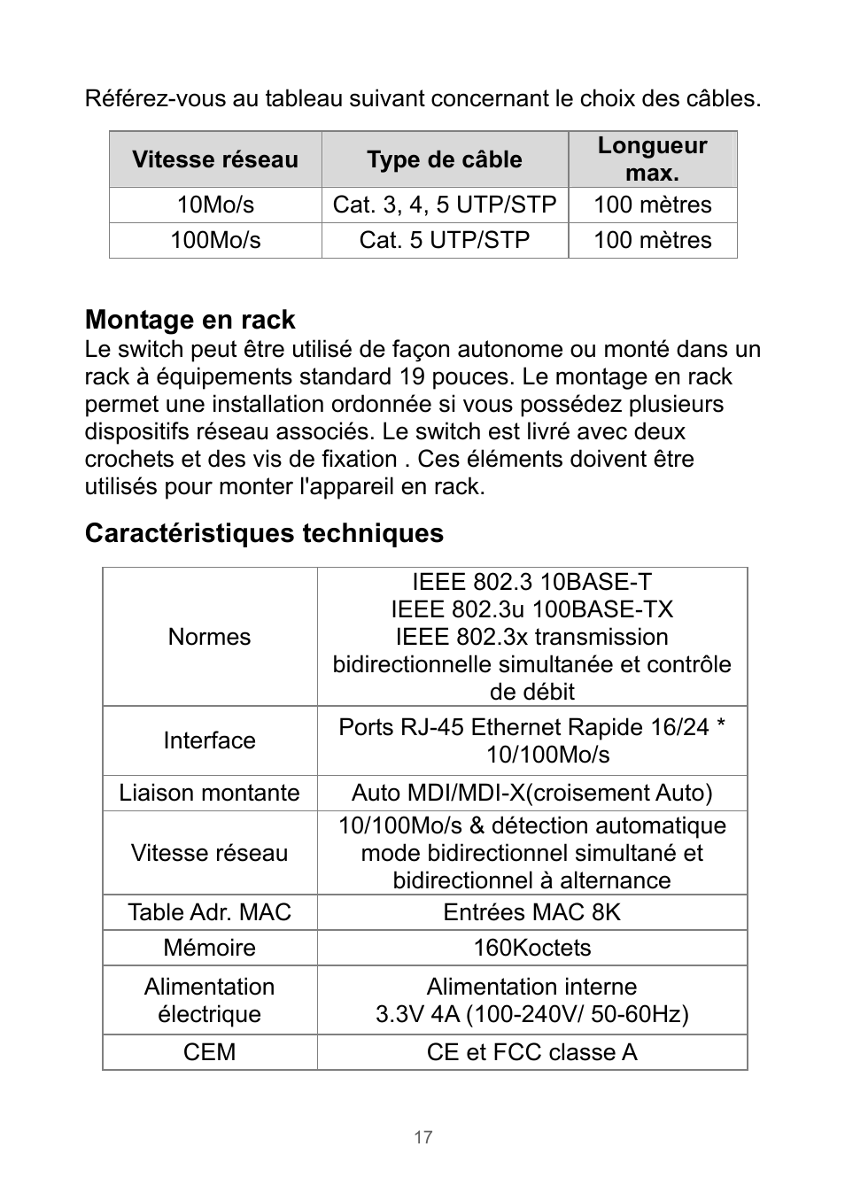 Montage en rack, Caractéristiques techniques | Edimax Technology Rackmount Fast Ethernet Switch User Manual | Page 18 / 41