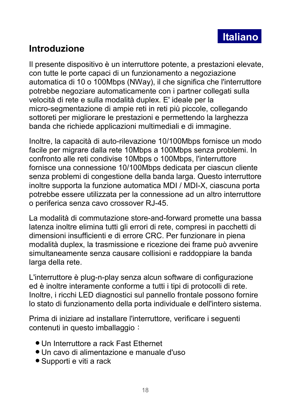 Italiano, Introduzione | Edimax Technology Rackmount Fast Ethernet Switch User Manual | Page 19 / 41