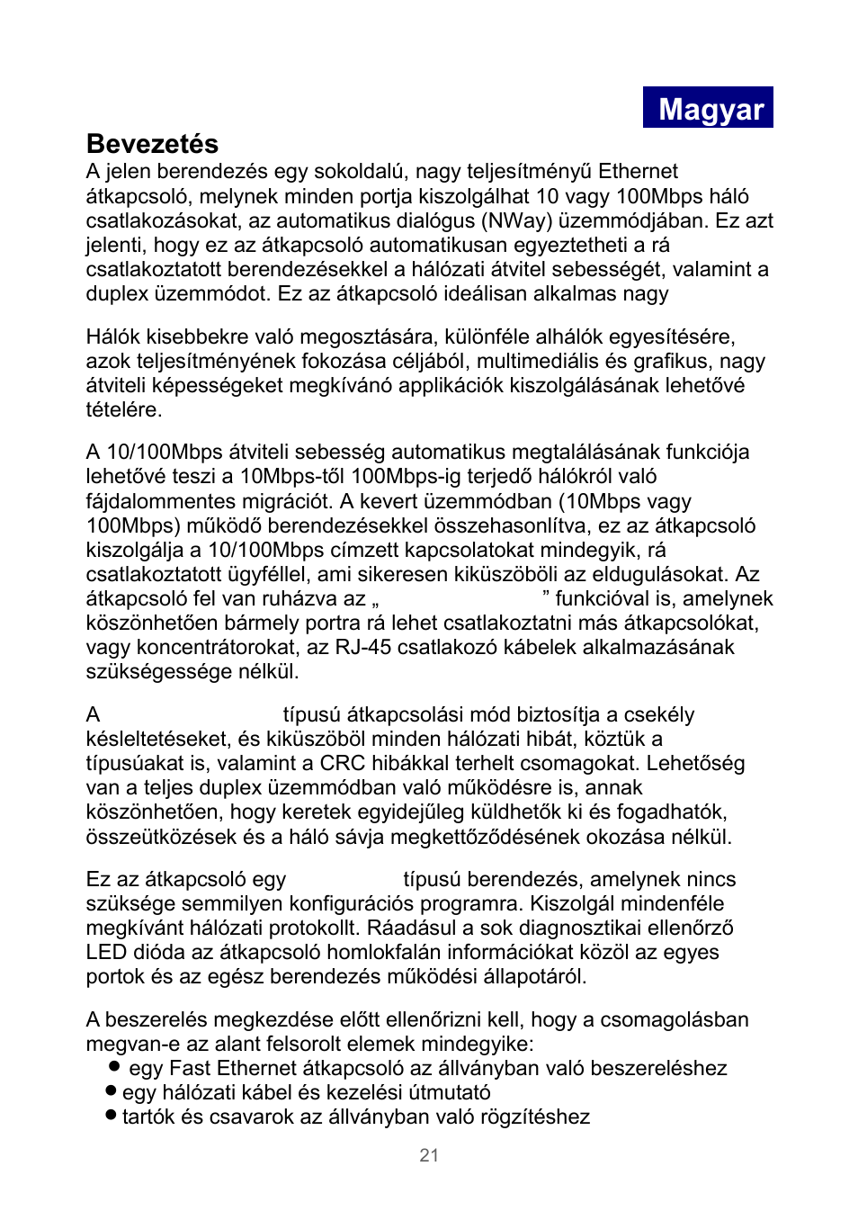 Magyar, Bevezetés | Edimax Technology Rackmount Fast Ethernet Switch User Manual | Page 22 / 41