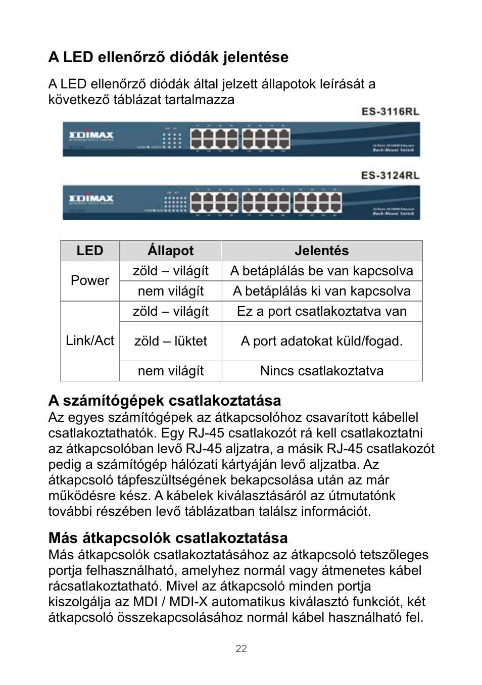 A led ellenőrző diódák jelentése | Edimax Technology Rackmount Fast Ethernet Switch User Manual | Page 23 / 41