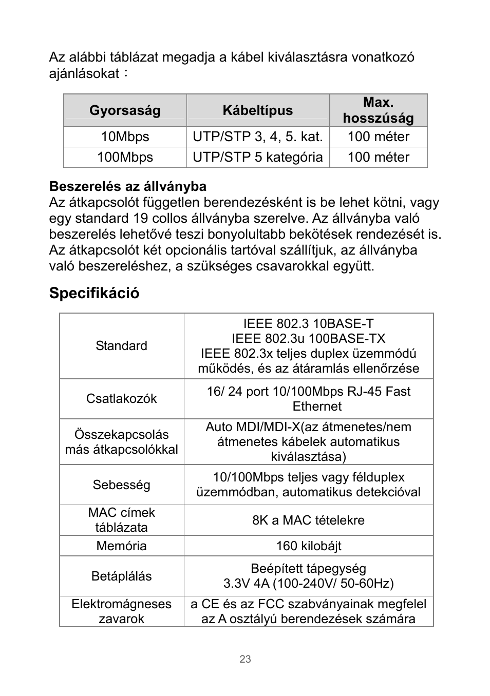 Specifikáció | Edimax Technology Rackmount Fast Ethernet Switch User Manual | Page 24 / 41