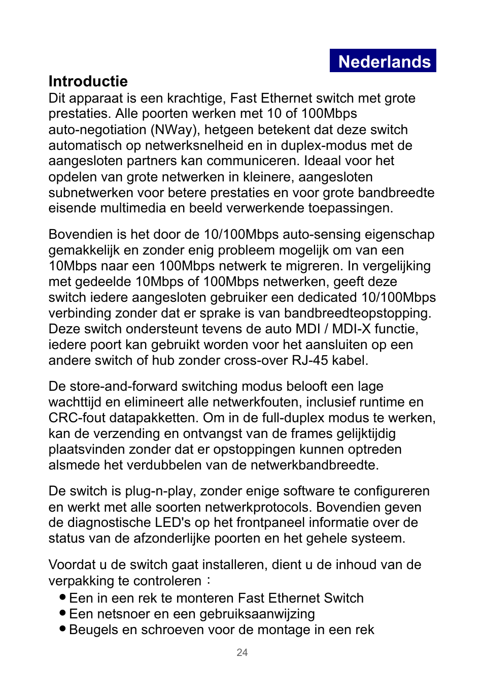 Nederlands, Introductie | Edimax Technology Rackmount Fast Ethernet Switch User Manual | Page 25 / 41