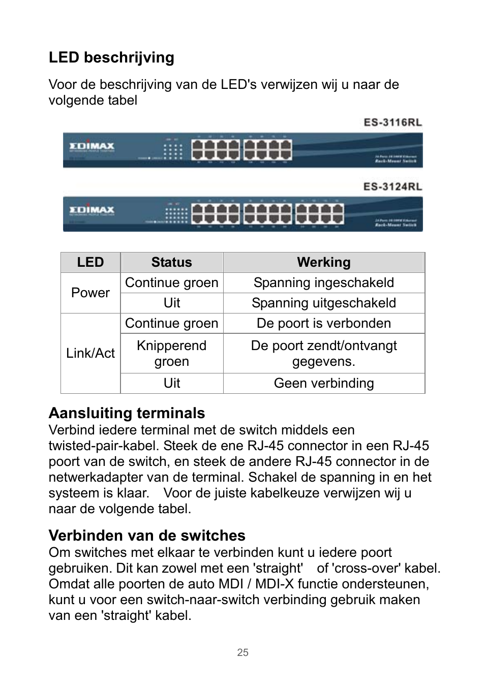 Led beschrijving, Aansluiting terminals, Verbinden van de switches | Edimax Technology Rackmount Fast Ethernet Switch User Manual | Page 26 / 41