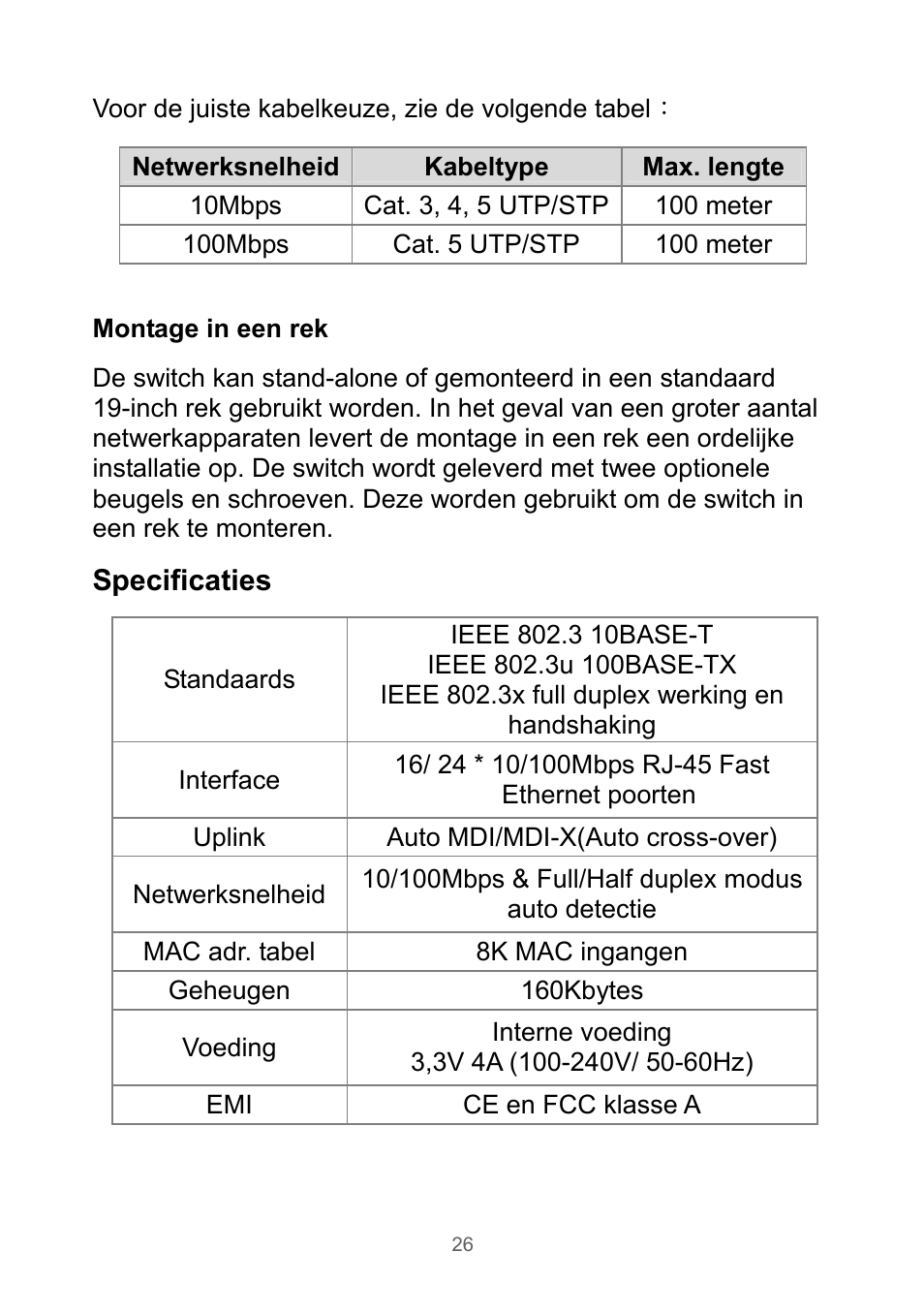 Specificaties | Edimax Technology Rackmount Fast Ethernet Switch User Manual | Page 27 / 41