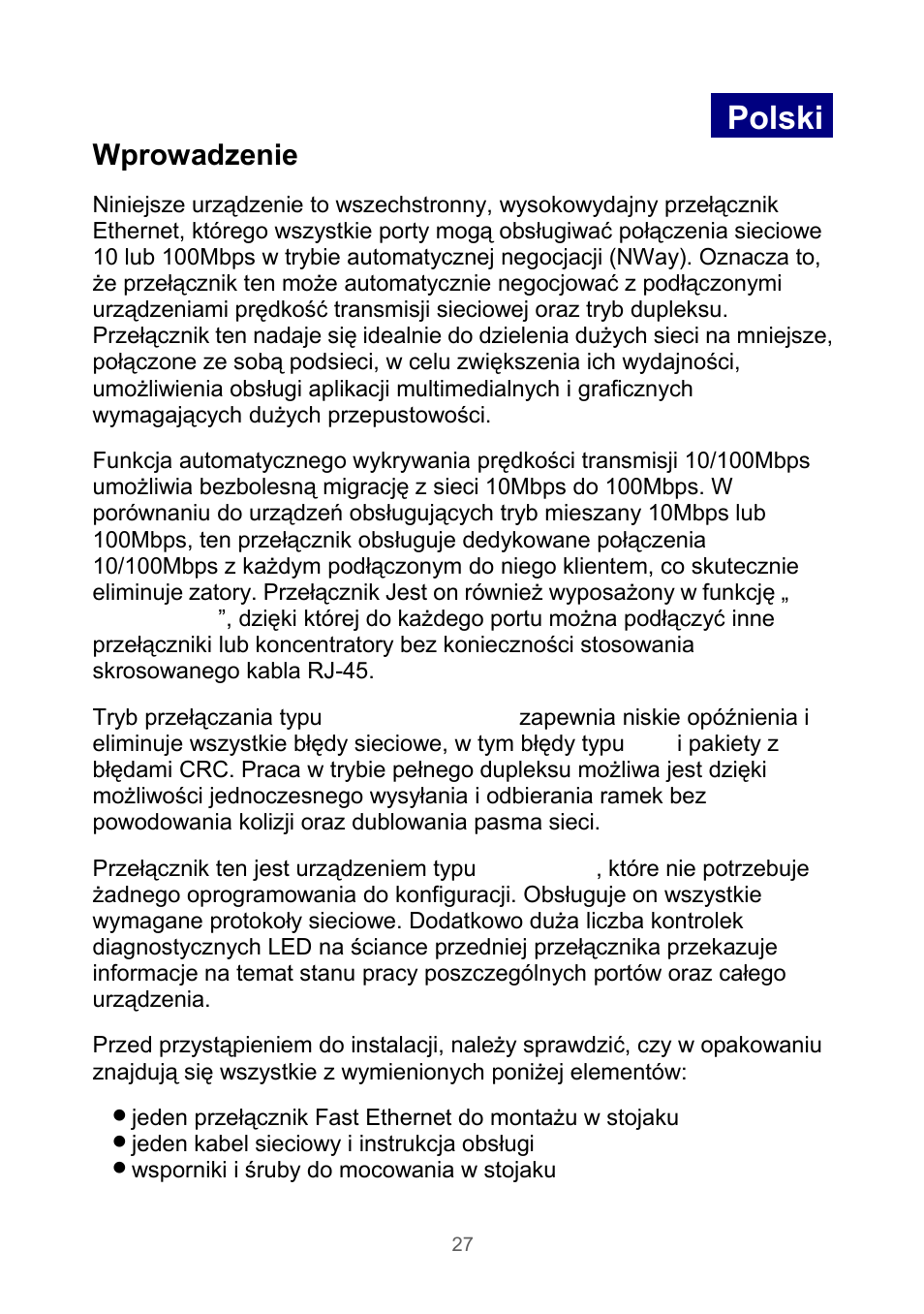 Polski, Wprowadzenie | Edimax Technology Rackmount Fast Ethernet Switch User Manual | Page 28 / 41