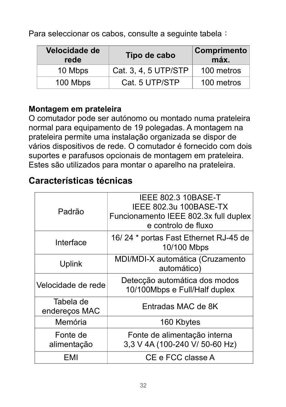 Características técnicas | Edimax Technology Rackmount Fast Ethernet Switch User Manual | Page 33 / 41