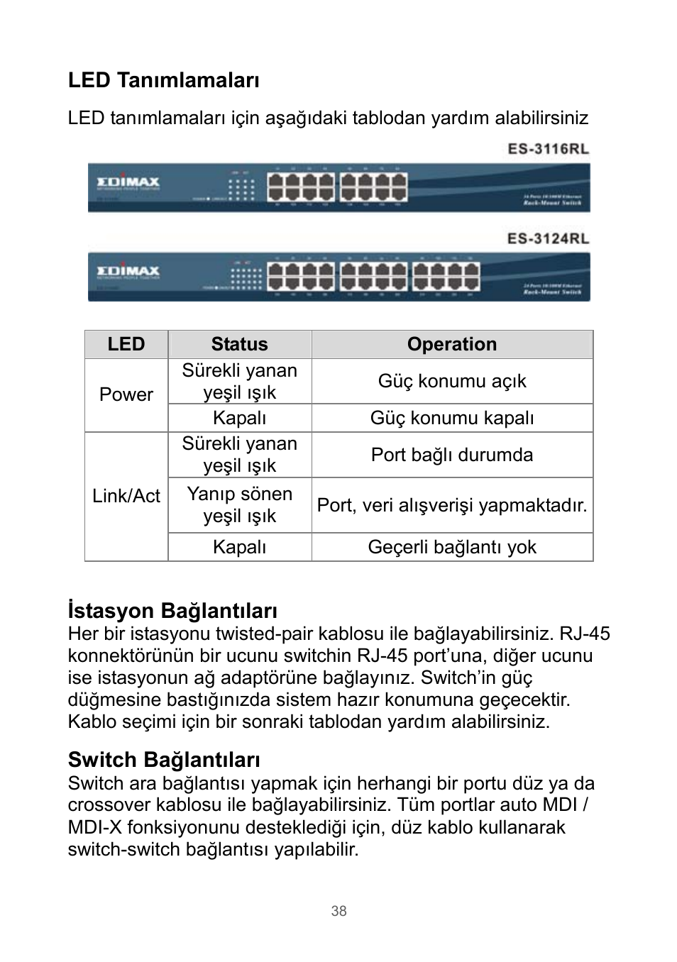 Led tanımlamaları | Edimax Technology Rackmount Fast Ethernet Switch User Manual | Page 39 / 41