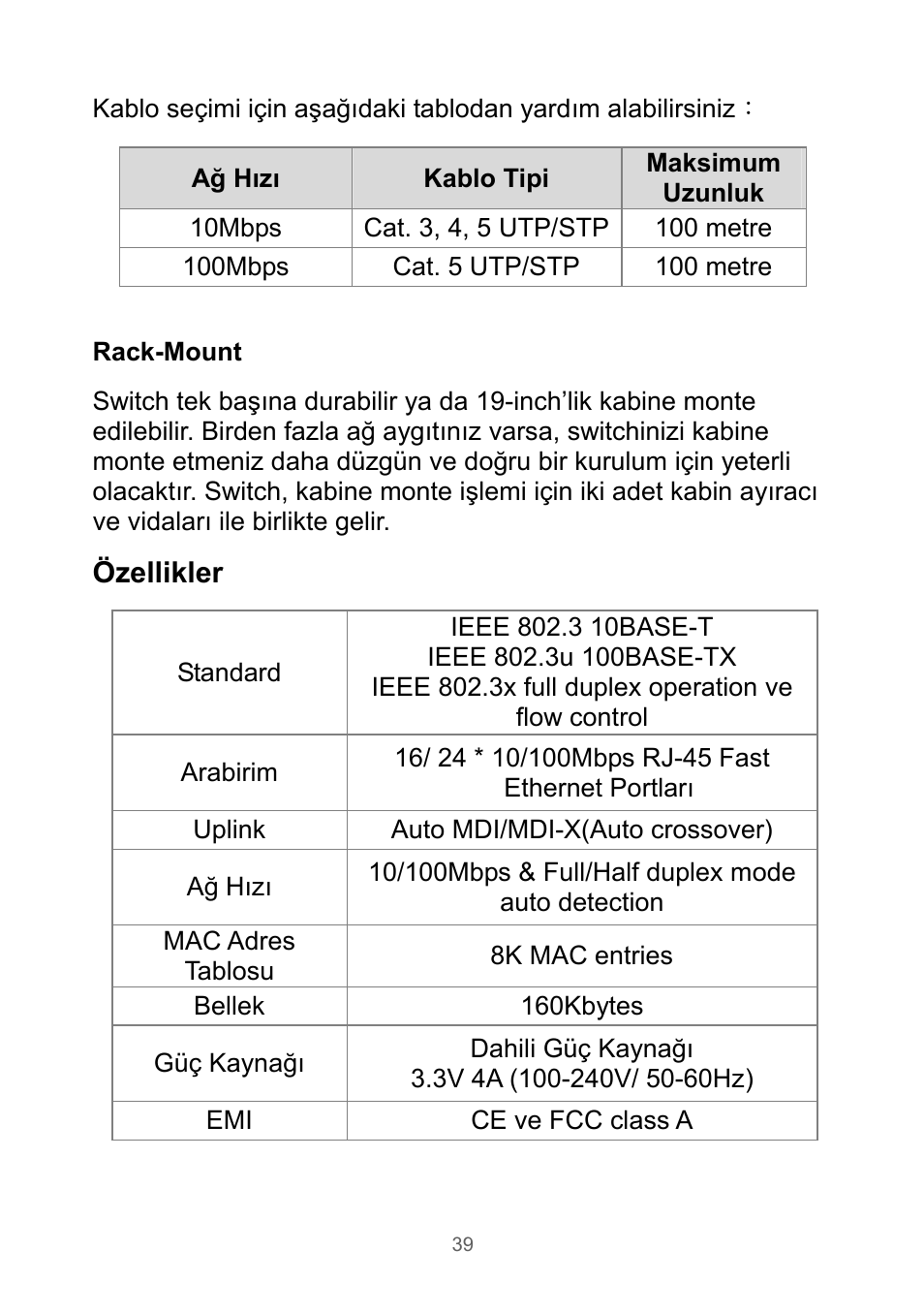 Özellikler | Edimax Technology Rackmount Fast Ethernet Switch User Manual | Page 40 / 41