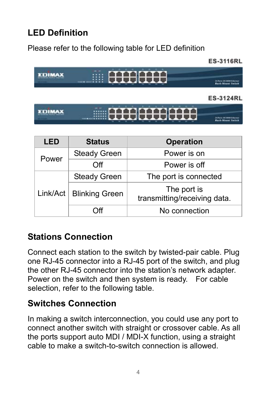 Led definition, Stations connection, Switches connection | Edimax Technology Rackmount Fast Ethernet Switch User Manual | Page 5 / 41