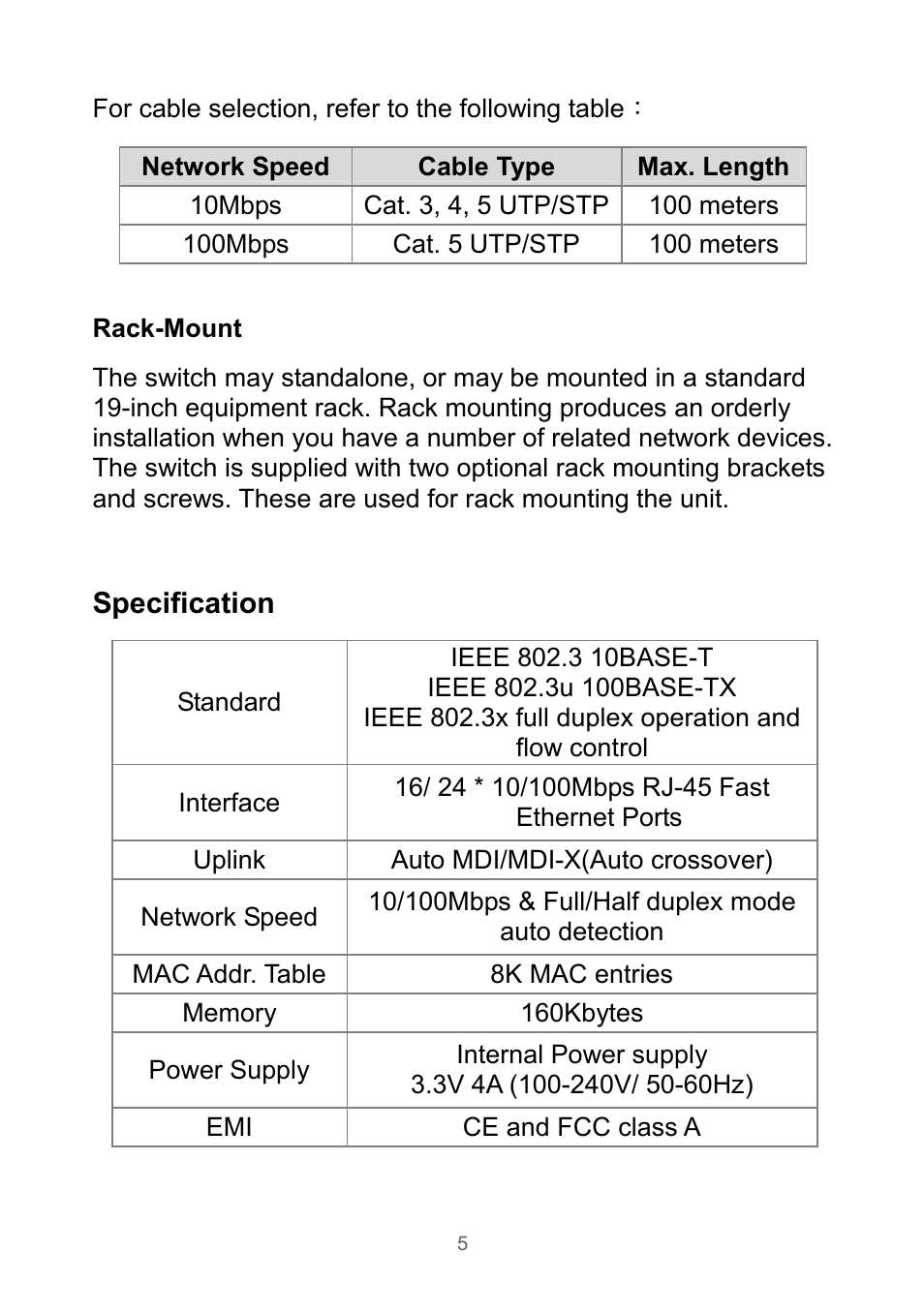 Specification | Edimax Technology Rackmount Fast Ethernet Switch User Manual | Page 6 / 41