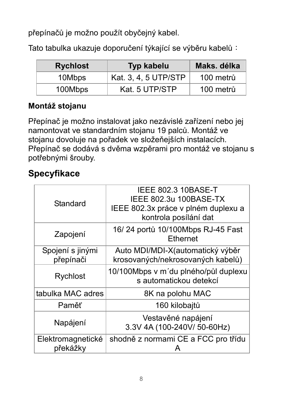 Specyfikace | Edimax Technology Rackmount Fast Ethernet Switch User Manual | Page 9 / 41