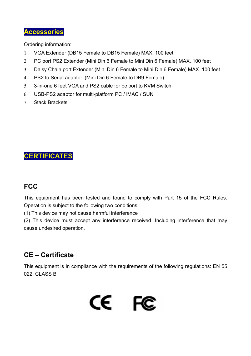 Accessories, Certificates fcc, Ce – certificate | Edimax Technology EK-16RO User Manual | Page 17 / 17