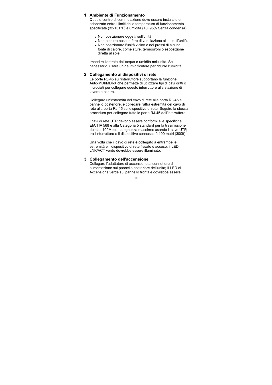 Ambiente di funzionamento, Collegamento ai dispositivi di rete, Collegamento dell'accensione | Edimax Technology Edimax ES-3105P User Manual | Page 19 / 40
